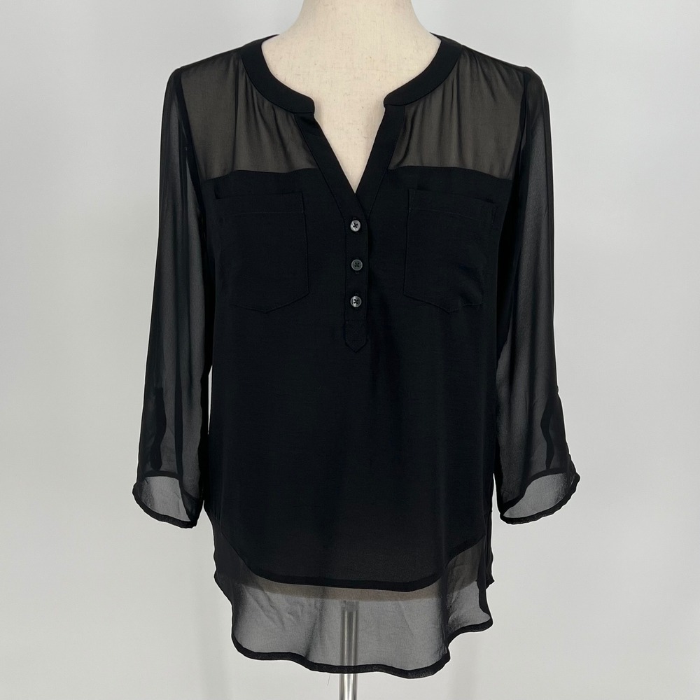 Express Womens Sheer Mesh Yoke Henley‎ Top Size S Black Long Sleeve Gothic Chic